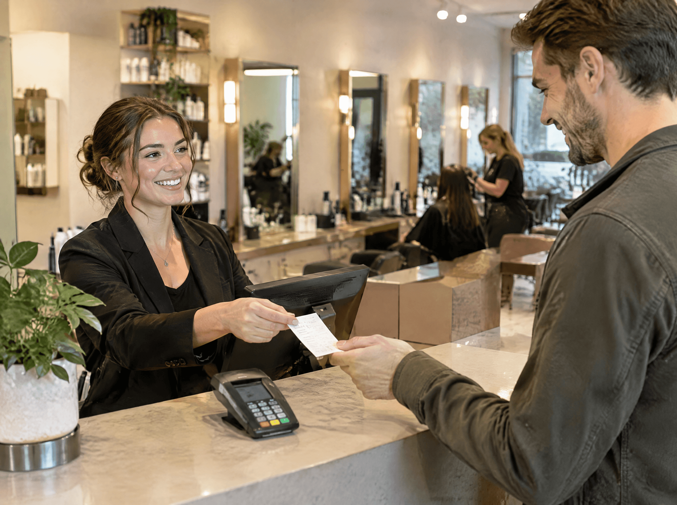 A salon front desk handing a customer their receipt