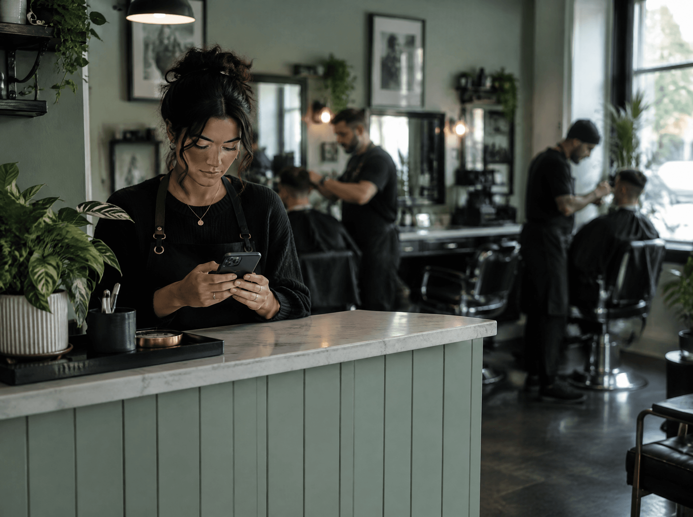 Salon owner checking the day's bookings on a phone at the front desk