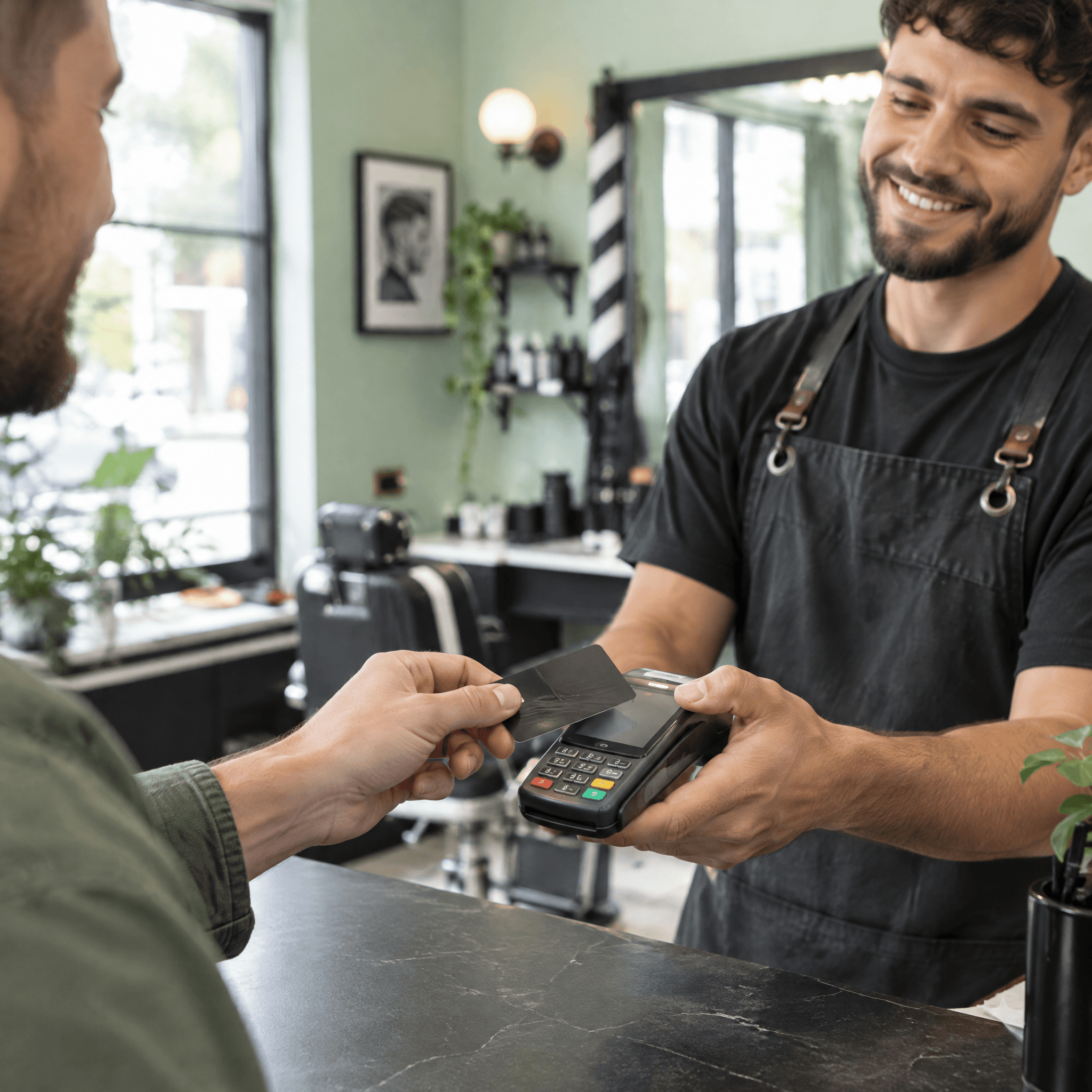 Customer paying their barber directly at the counter