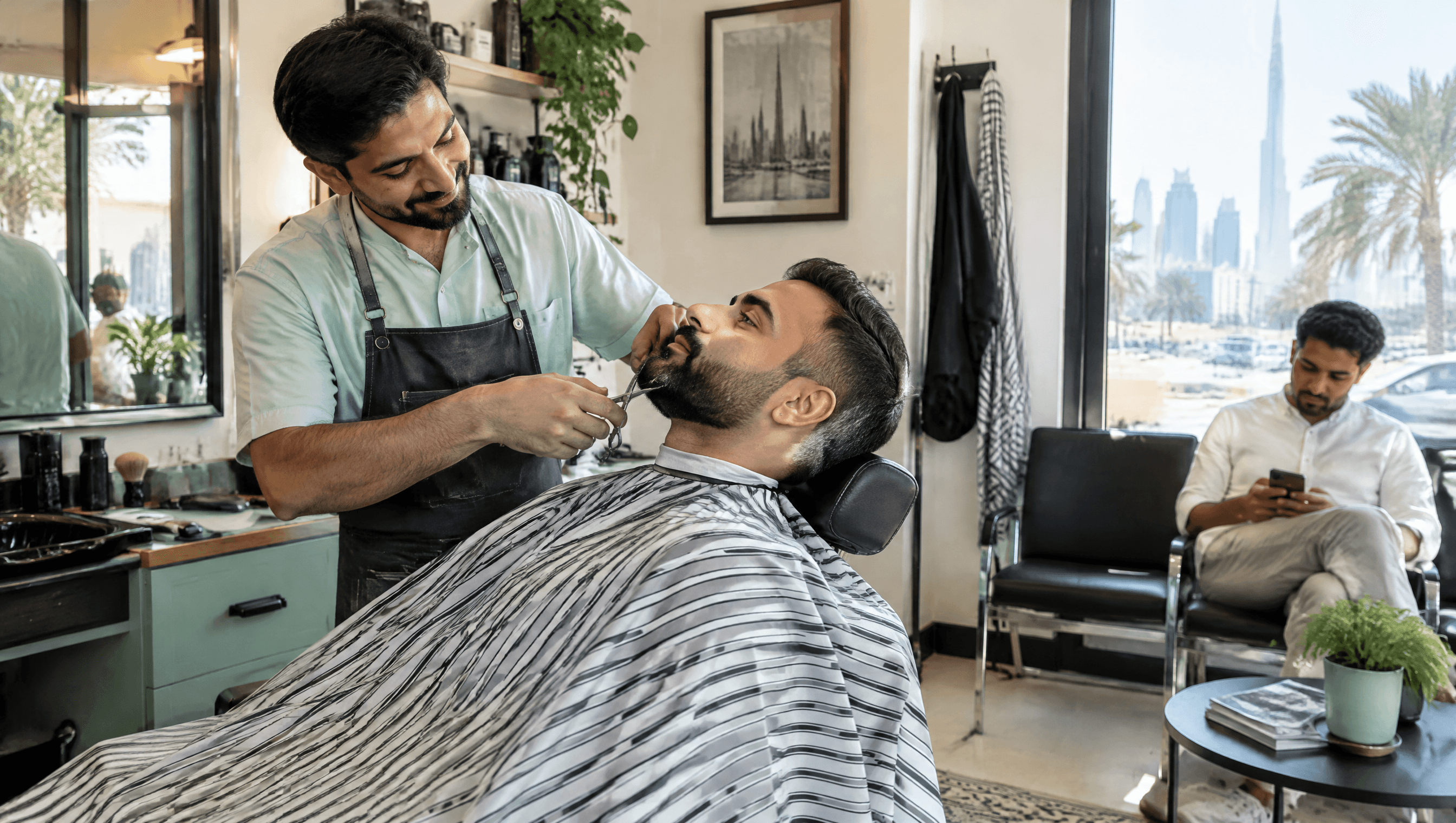 Barber trimming a customer's beard in a Dubai barbershop while another customer books on a phone